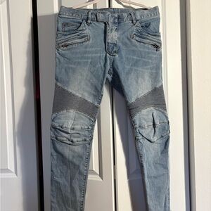 Balmain Light Wash Skinny Jeans with Striped Accents